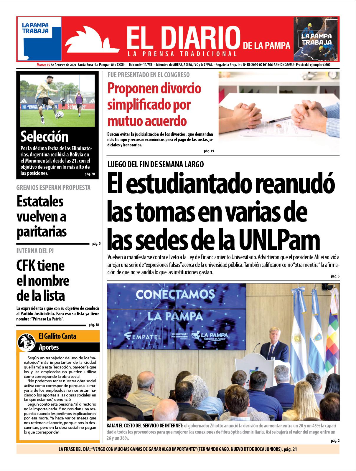 Tapa de El Diario en papel  martes 15 de octubre de 2024